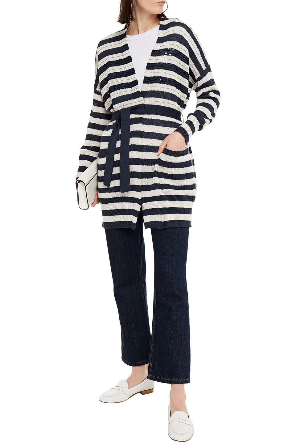 Brunello Cucinelli Embellished Striped Cotton Cardigan In Navy