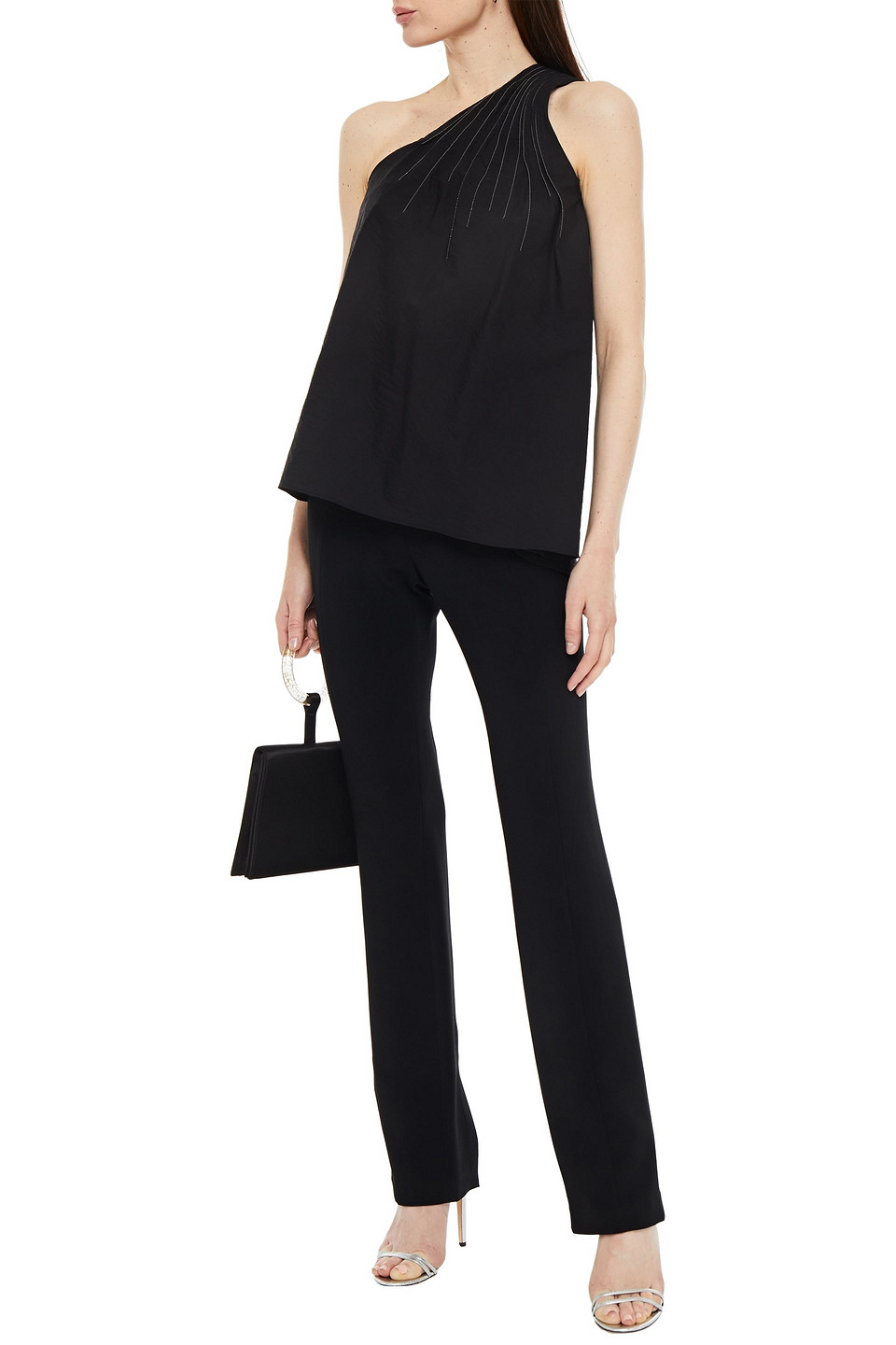 Click to view more detailed imagery on our partner's website Brunello Cucinelli One-shoulder Bead-embellished Cotton-blend Poplin Top In Black