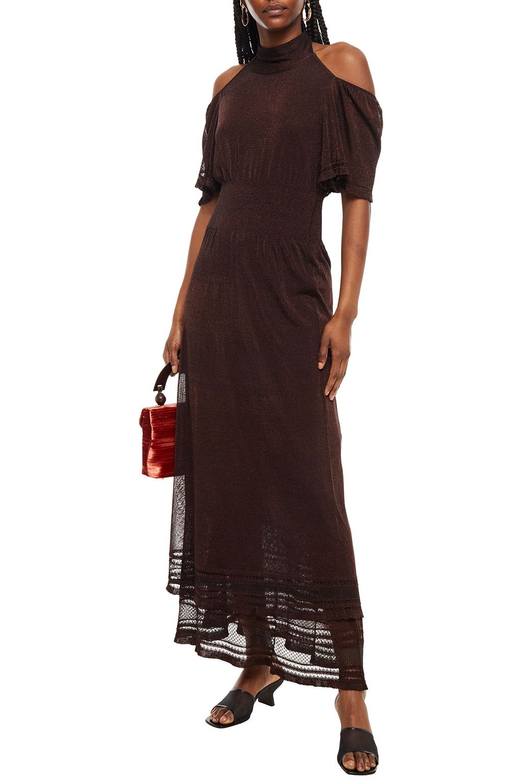 M MISSONI Cold-shoulder metallic crochet-knit maxi dress