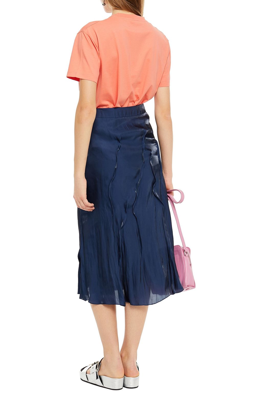 KENZO Pintucked coated-satin midi skirt