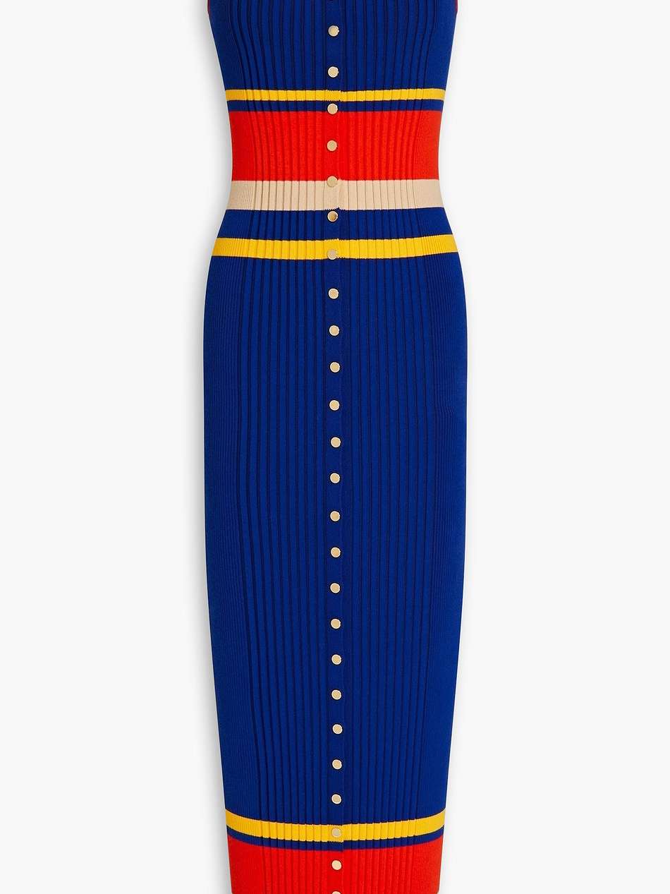 striped ribbed cotton-blend midi dress