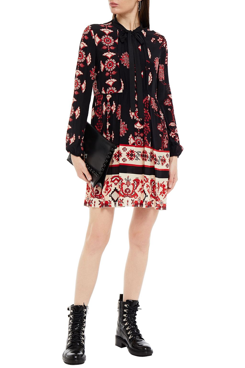 REDVALENTINO Gathered printed silk crepe de chine mini dress