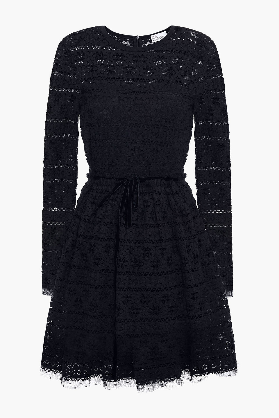 Redvalentino Woman Belted Point D'esprit-trimmed Cotton-blend Crocheted Lace Mini Dress Black Size XS