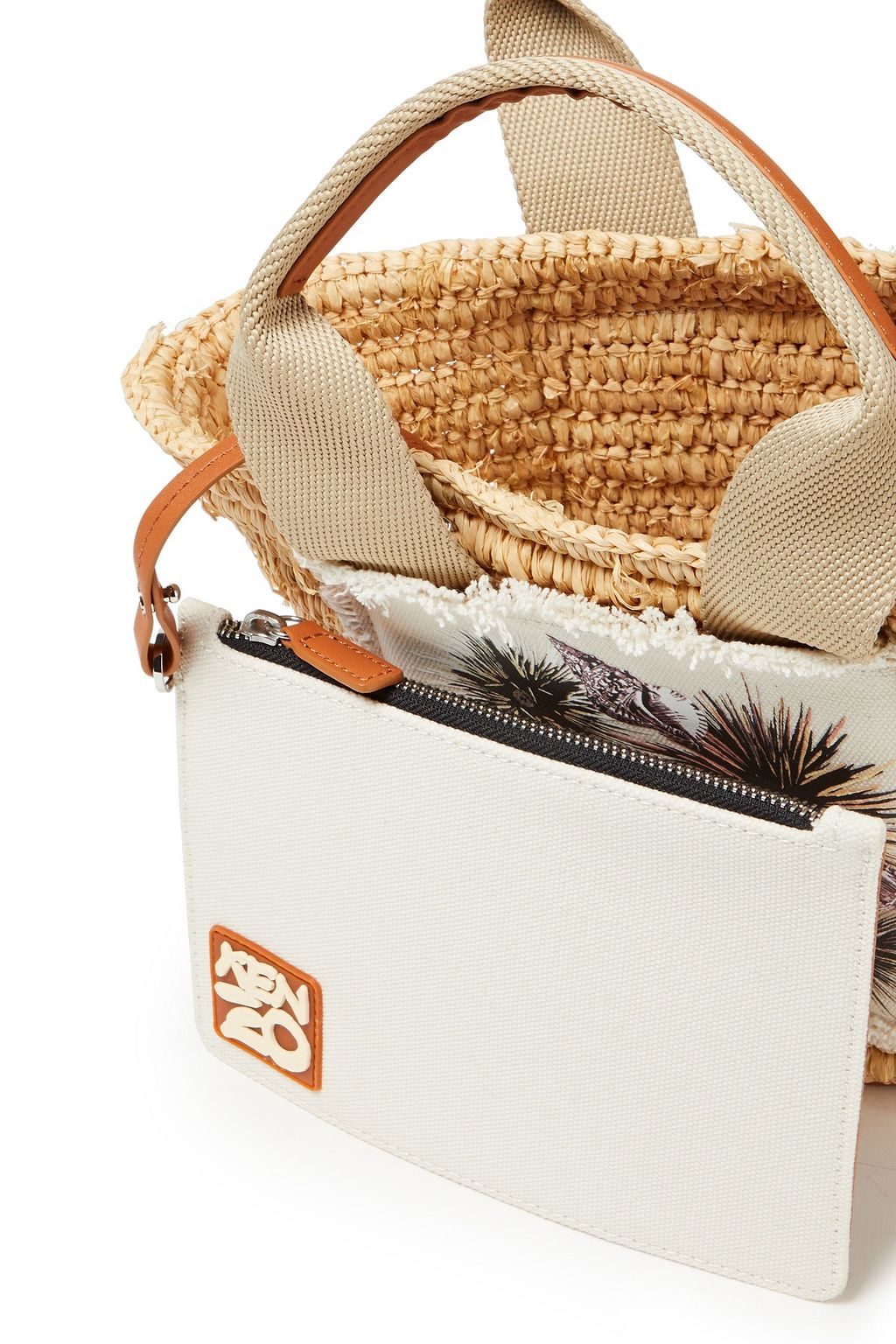 KENZO Leather-trimmed raffia and paper-blend tote