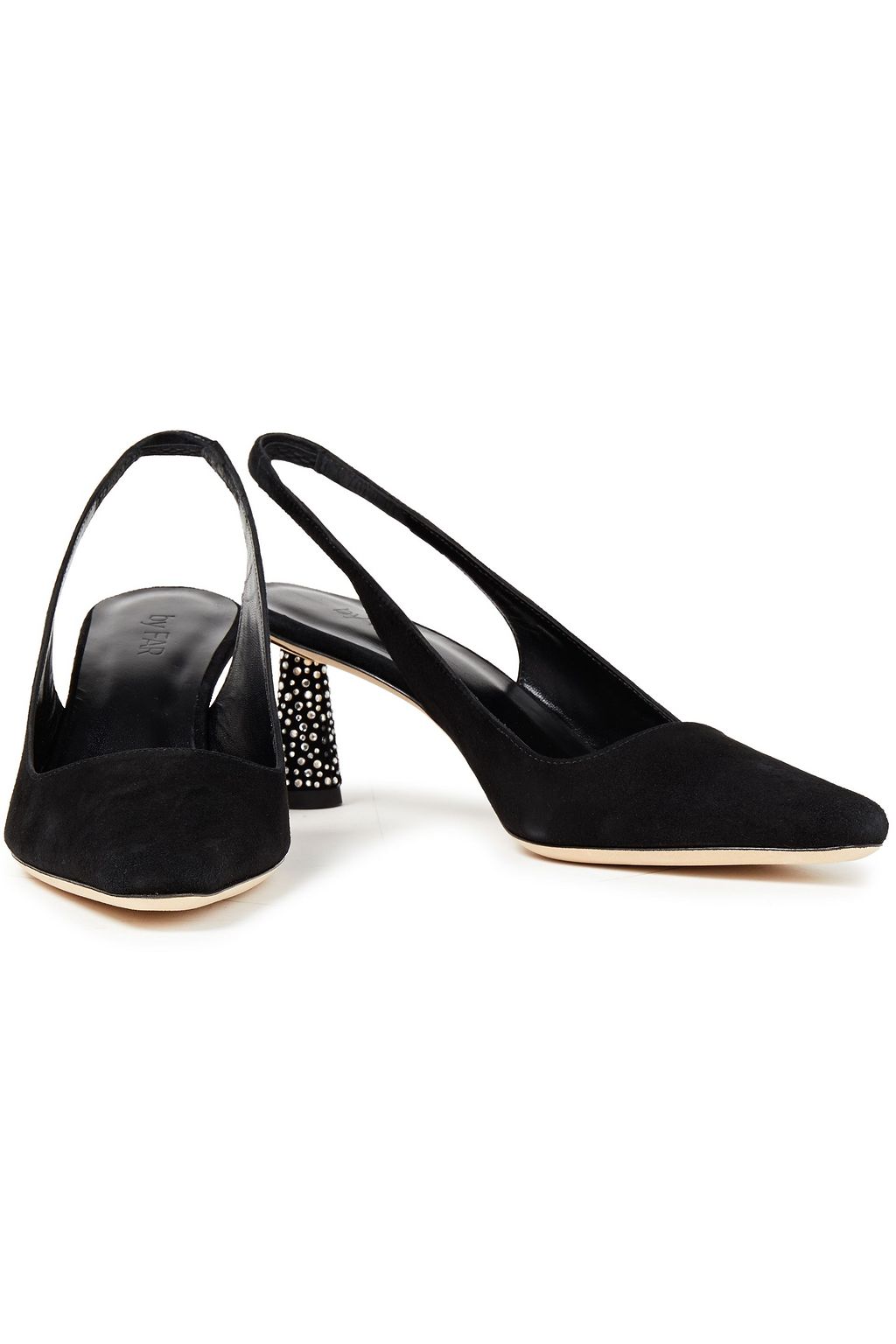 BY FAR Diana crystal-embellished suede slingback pumps