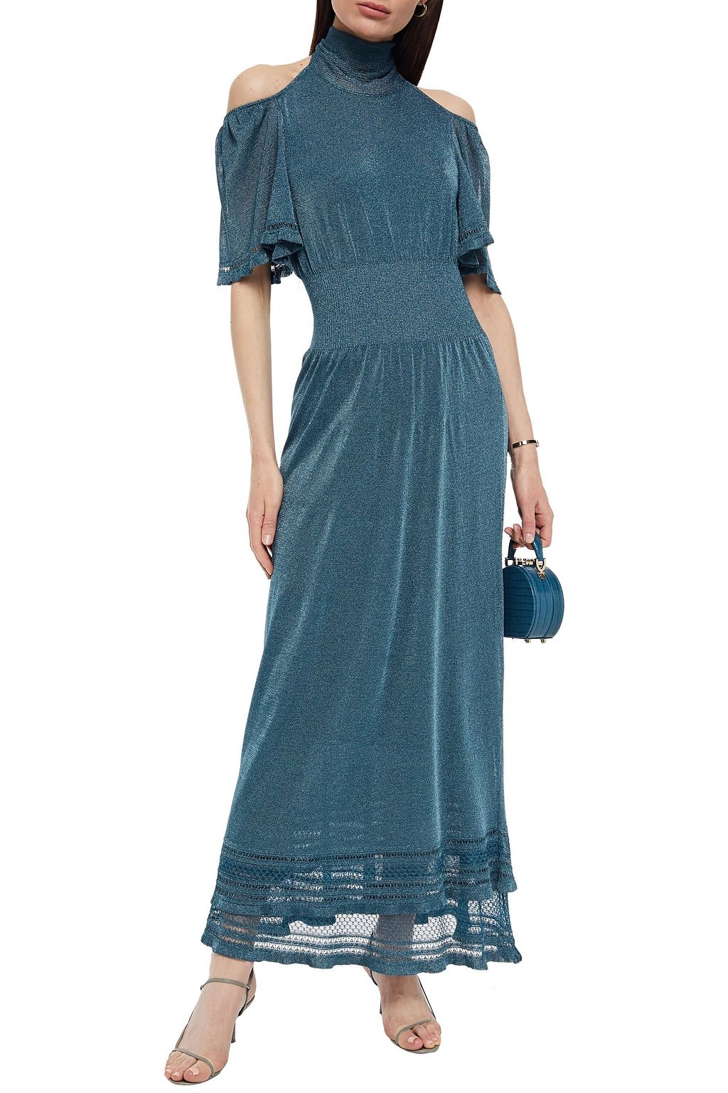 M MISSONI Cold-shoulder metallic crochet-knit maxi dress