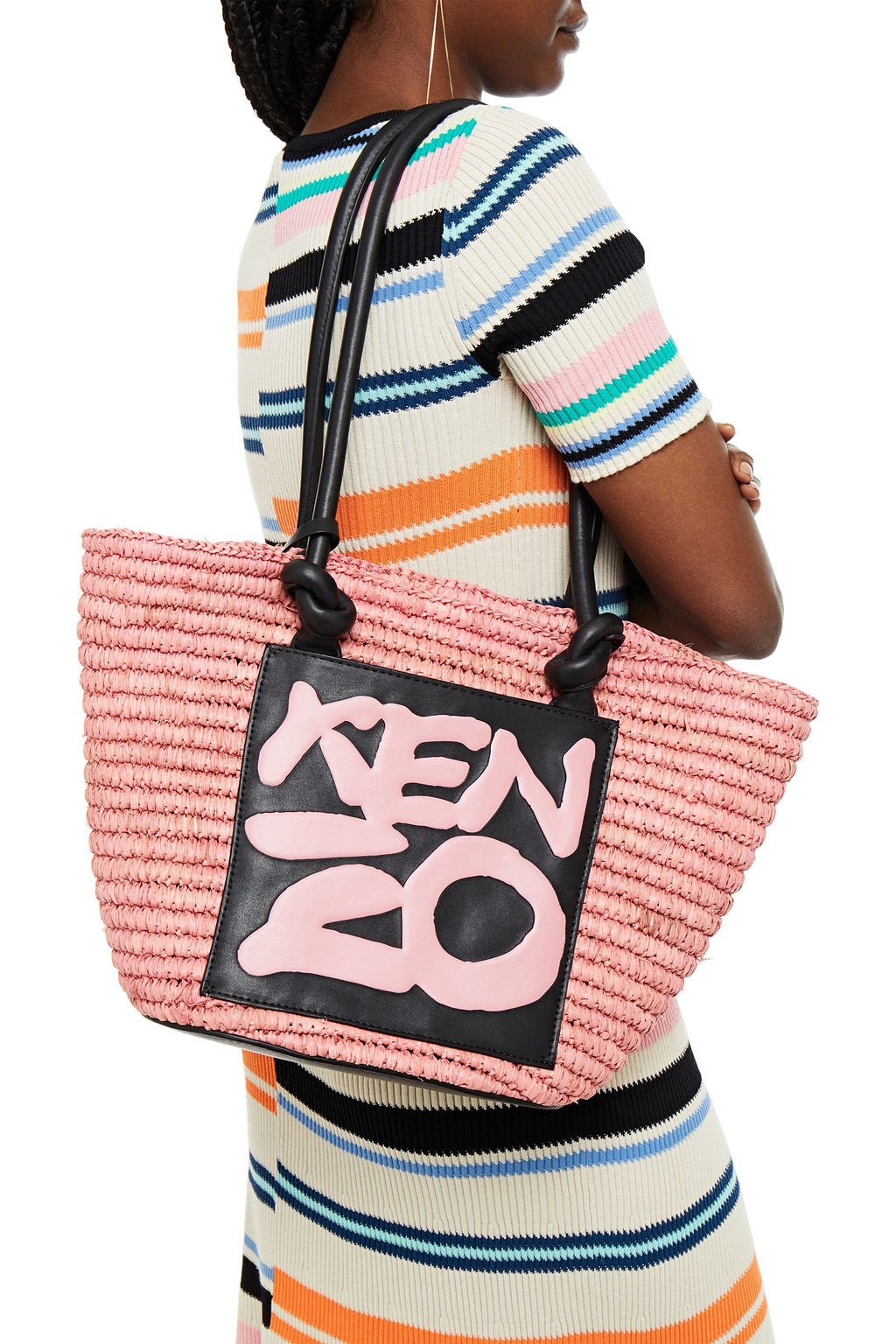 KENZO Printed faux leather and raffia tote