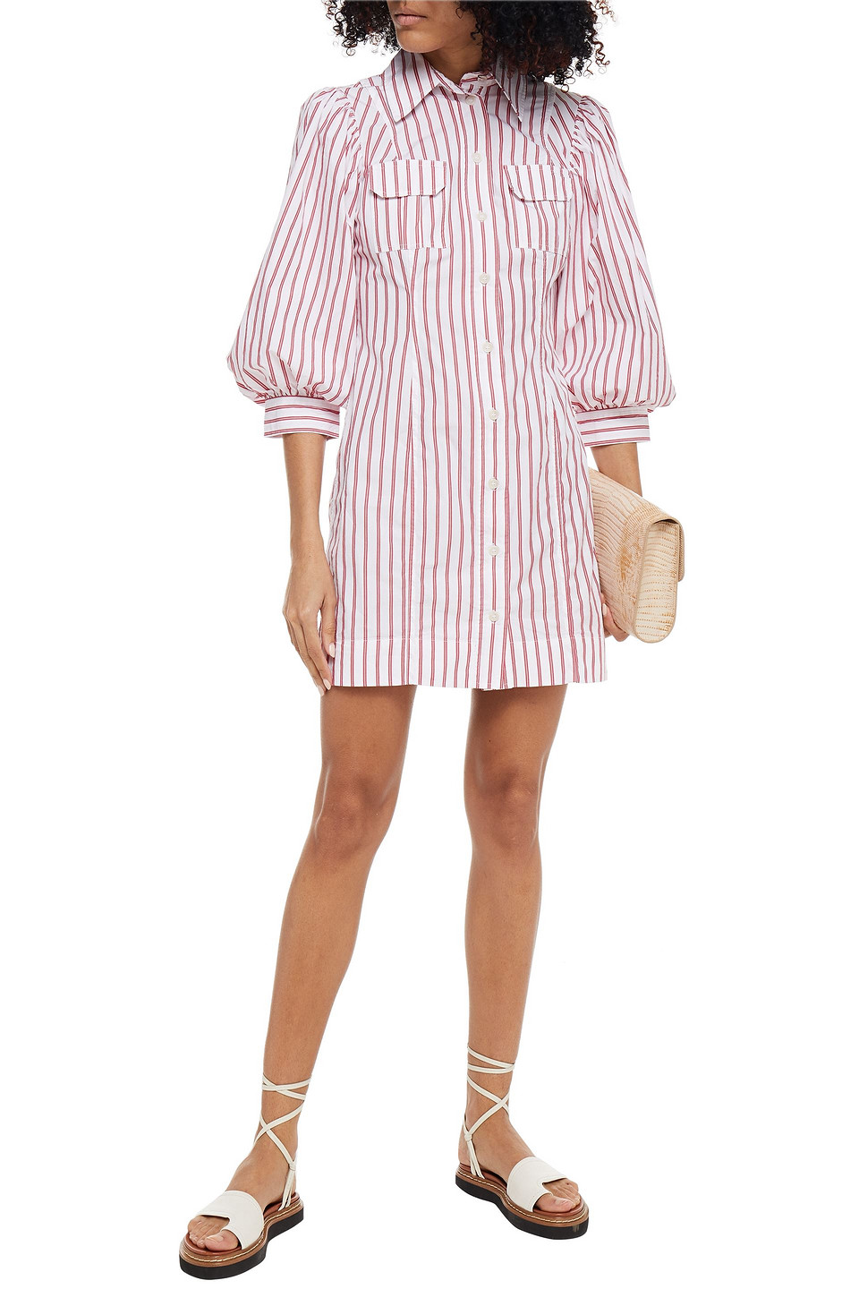 Ganni Gathered Striped Organic Cotton-poplin Mini Dress In White