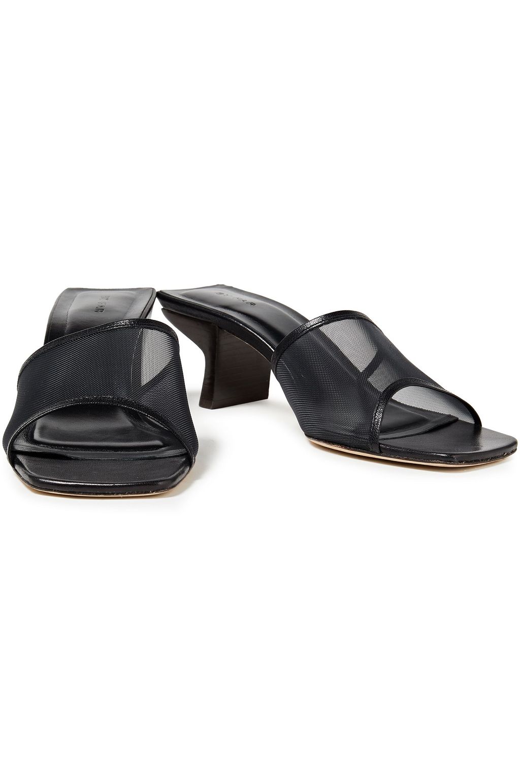 BY FAR Lily leather-trimmed mesh mules