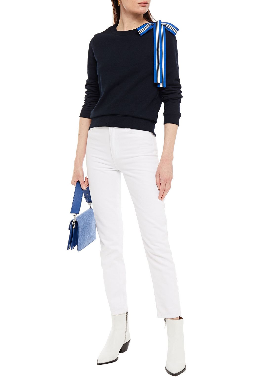 CLAUDIE PIERLOT Bow-embellished mélange cotton-blend fleece sweatshirt