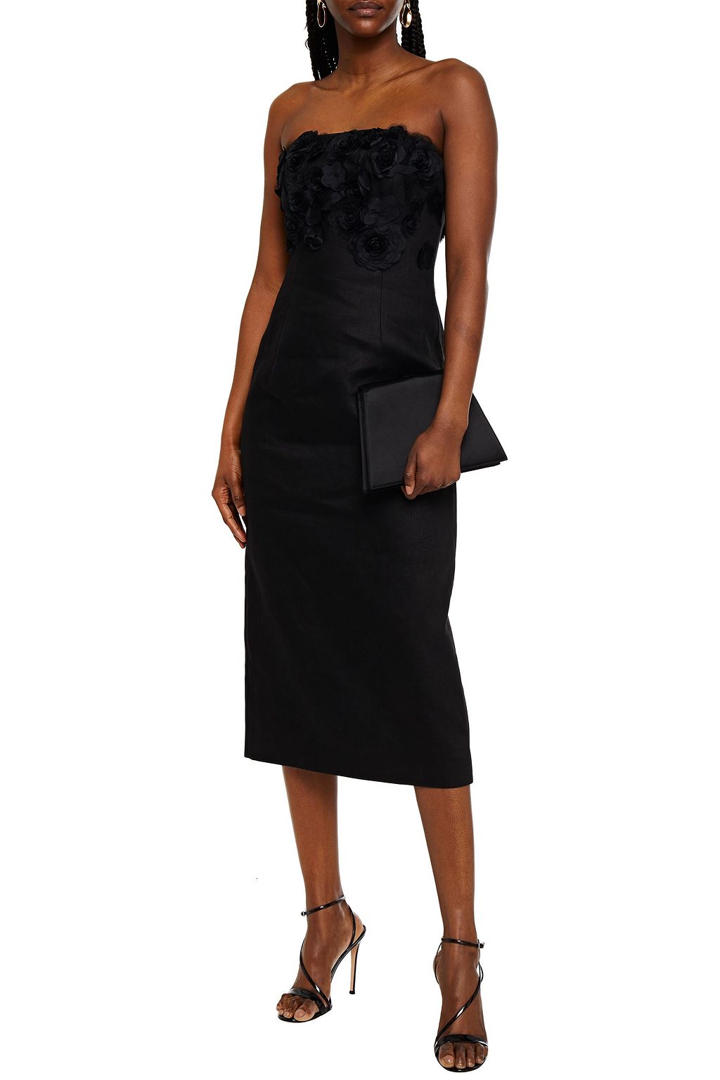CAROLINA HERRERA Strapless floral-appliquéd linen midi dress