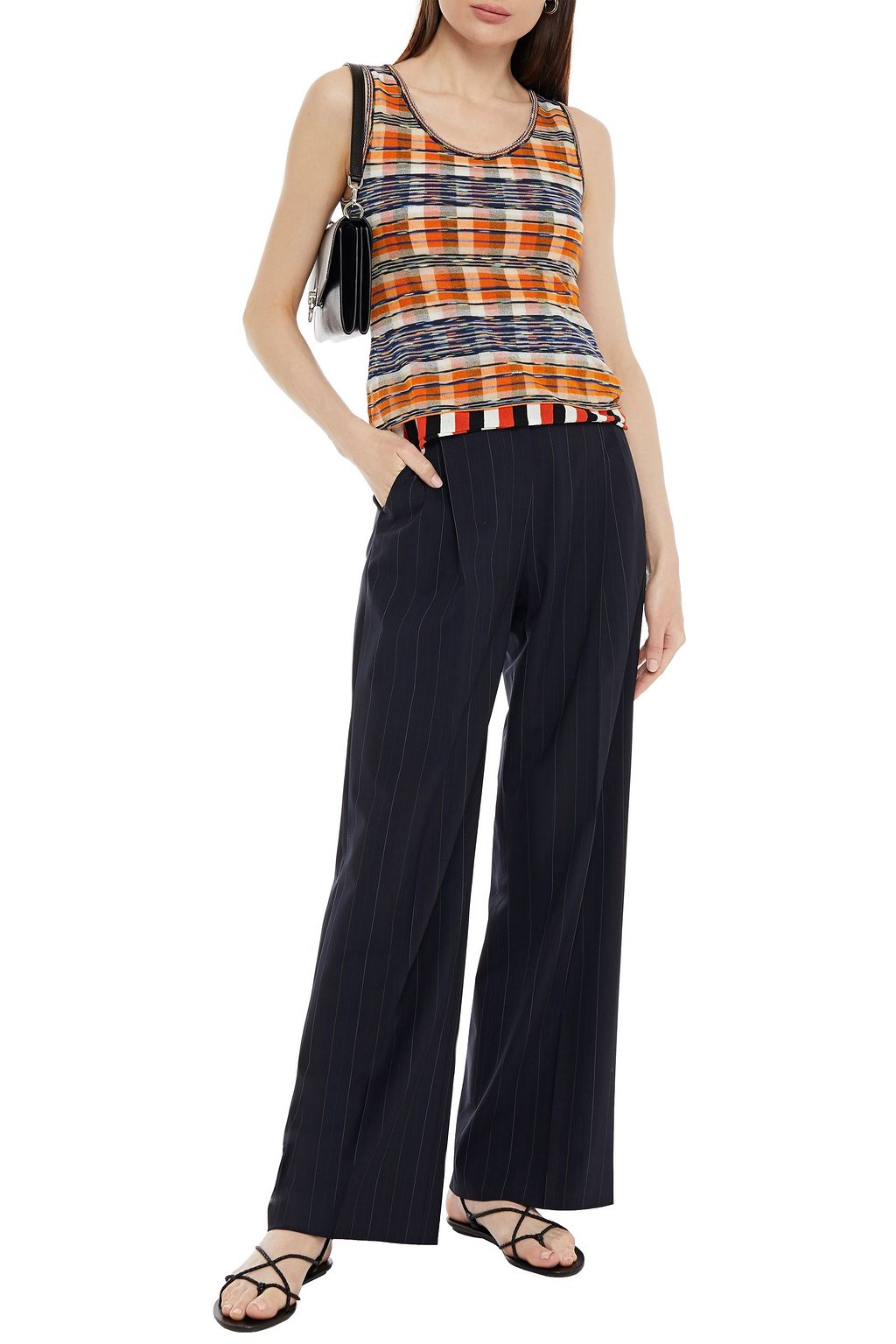 M MISSONI Layered striped crochet-knit cotton-blend tank
