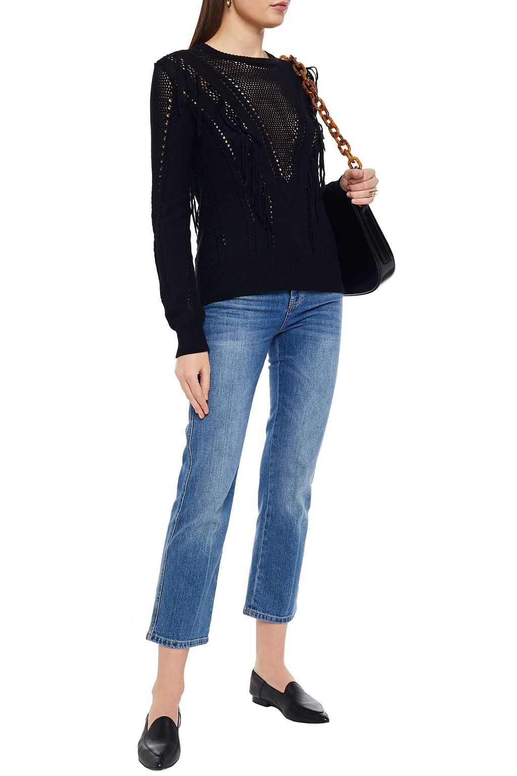 AUTUMN CASHMERE Fringed crochet-knit cotton sweater