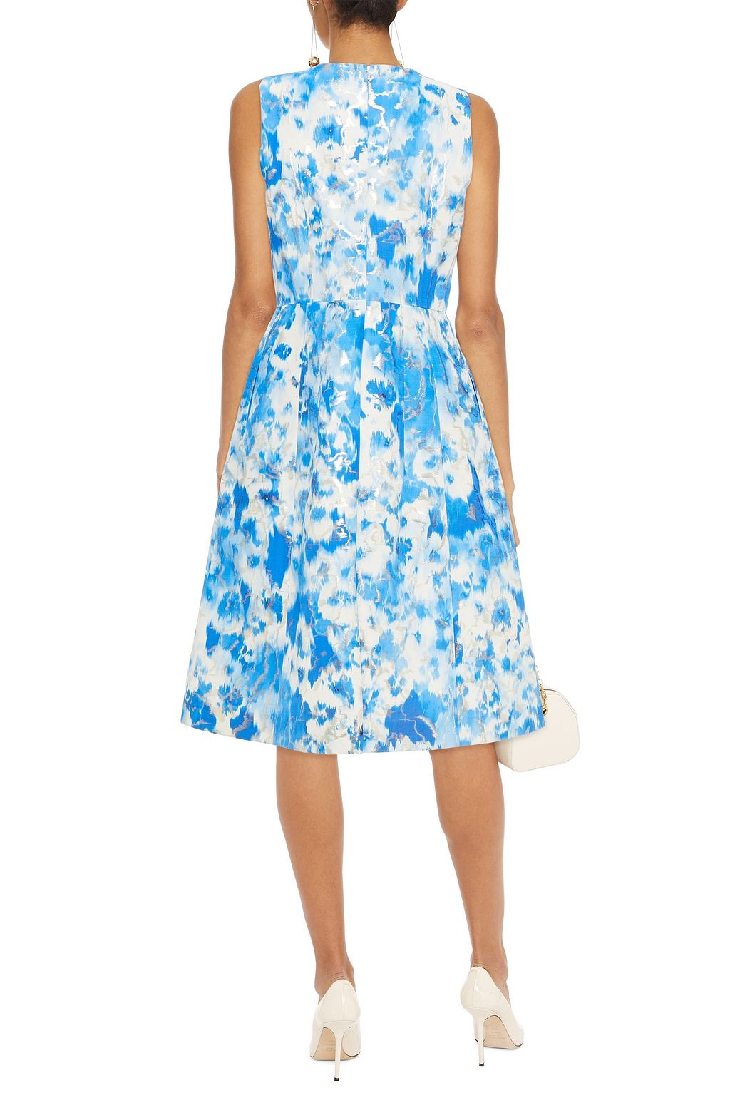 CAROLINA HERRERA Flared metallic printed cotton-blend jacquard midi dress