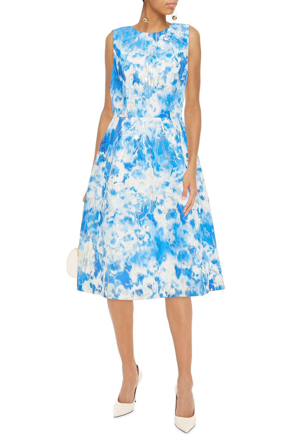 CAROLINA HERRERA Flared metallic printed cotton-blend jacquard midi dress