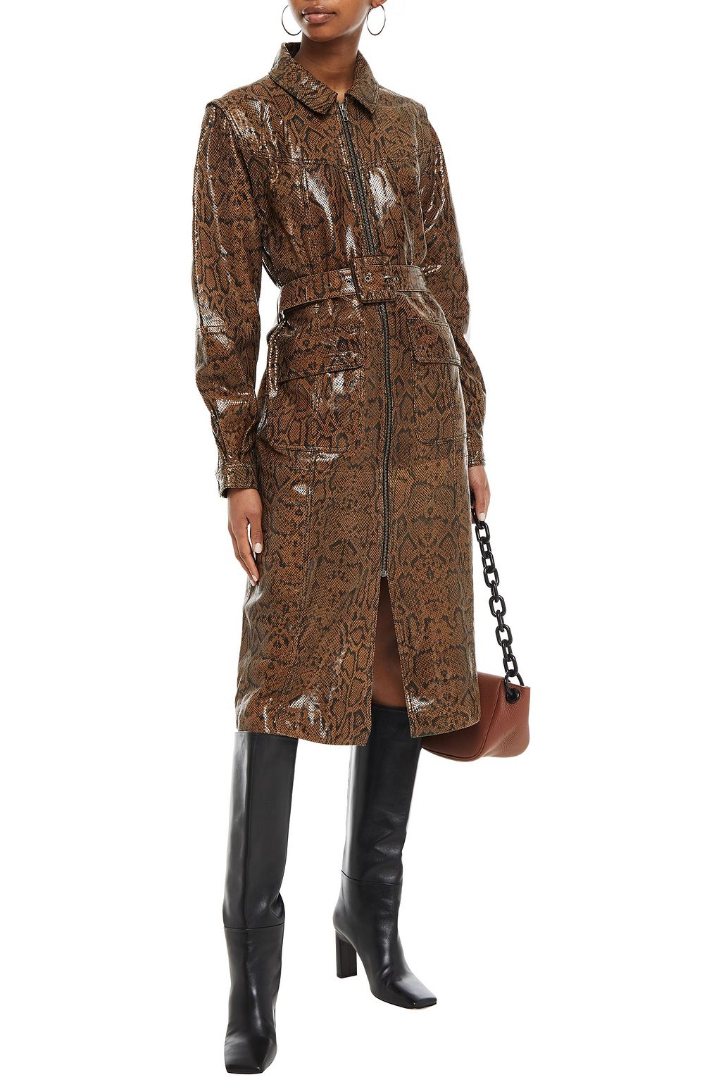 GESTUZ Collette belted snake-effect leather midi dress
