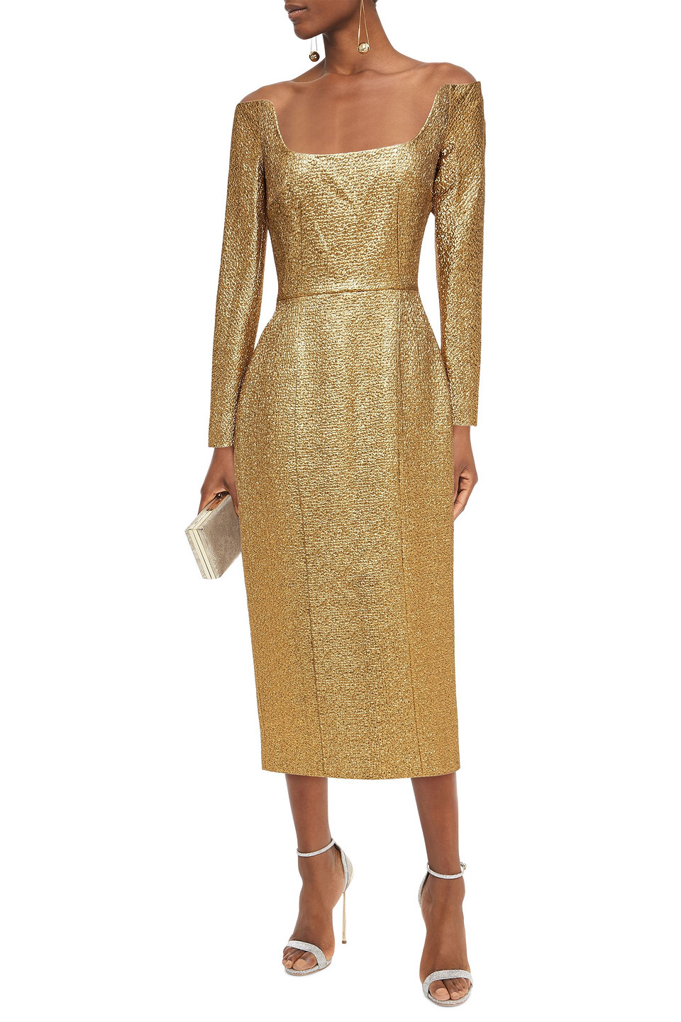 Emilia Wickstead Birch Off-the-shoulder Metallic Jacquard Midi Dress In Gold
