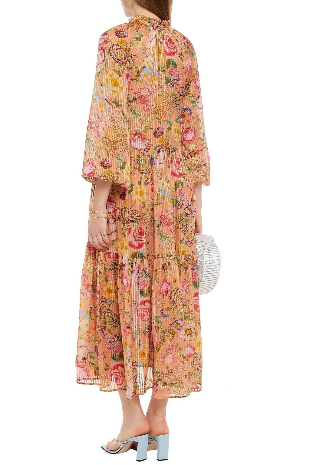 ANJUNA Lorella tiered floral-print burnout metallic silk-blend midi dress