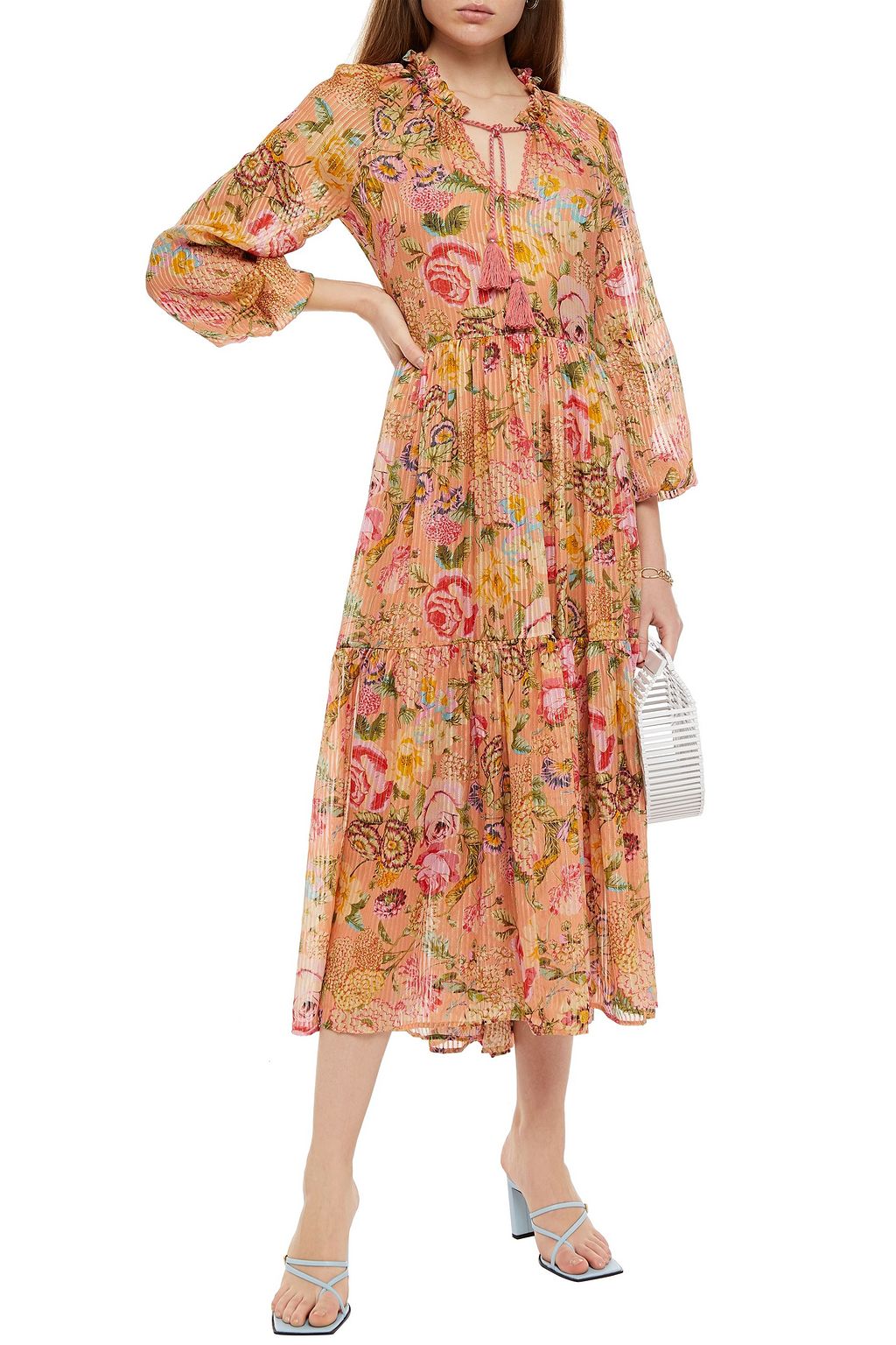ANJUNA Lorella tiered floral-print burnout metallic silk-blend midi dress