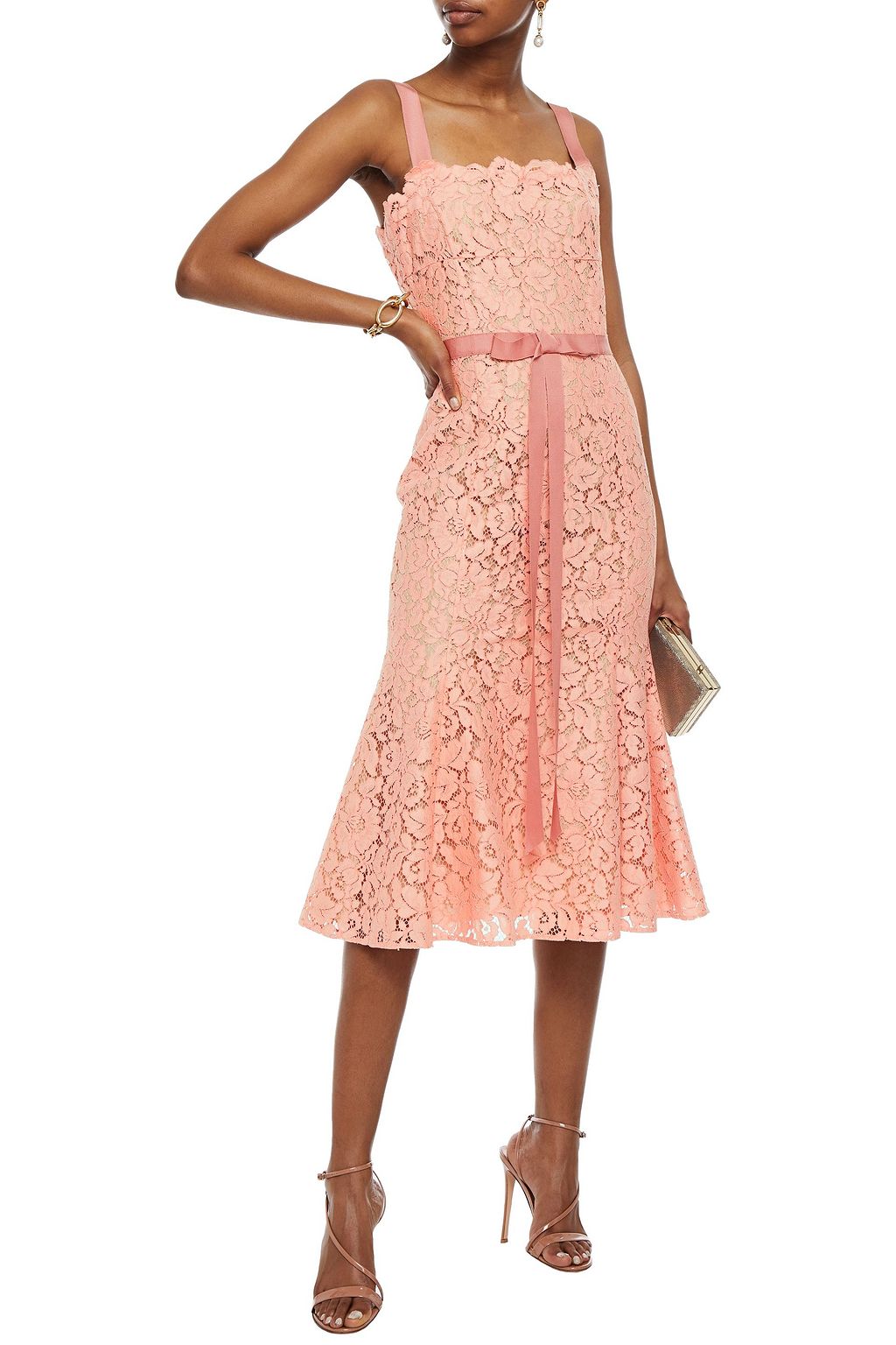 OSCAR DE LA RENTA Fluted cotton-blend corded lace midi dress