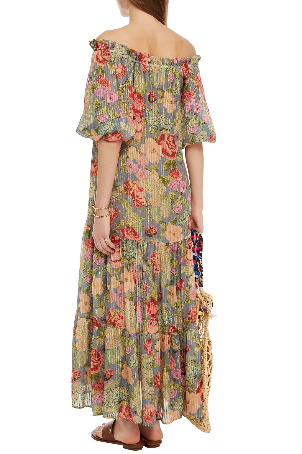 ANJUNA Lavinia off-the-shoulder floral-print burnout metallic silk-blend maxi dress