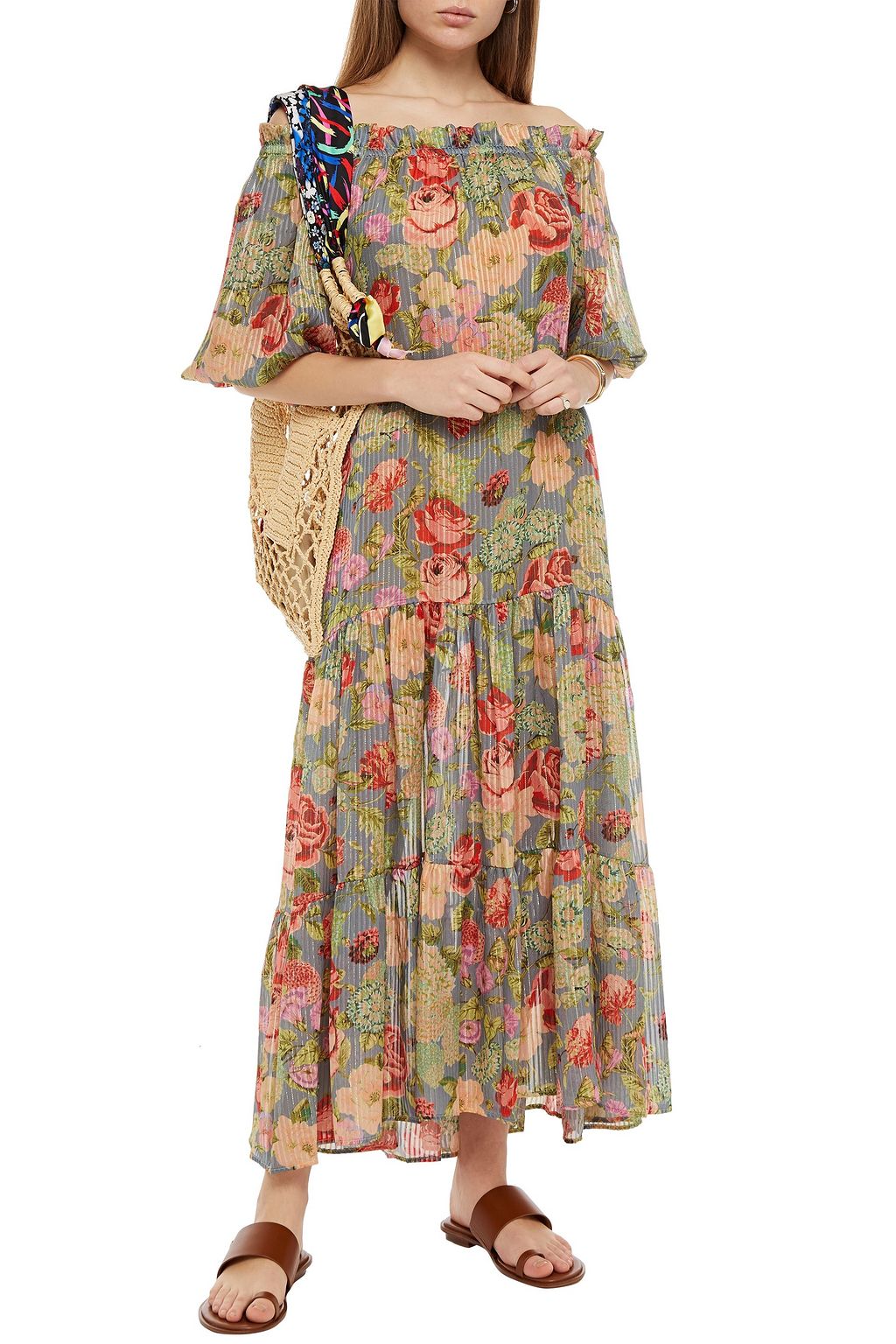ANJUNA Lavinia off-the-shoulder floral-print burnout metallic silk-blend maxi dress