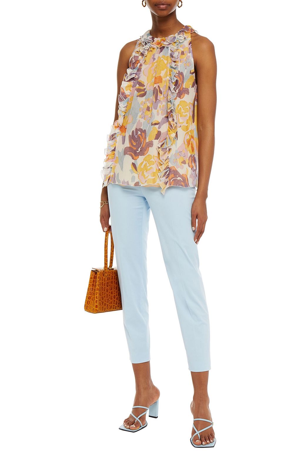 M MISSONI Ruffle-trimmed floral-print silk-crepon top
