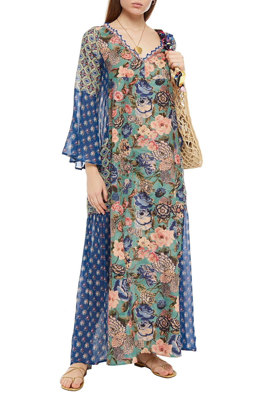 ANJUNA Allegra chiffon-paneled floral-print jacquard kaftan
