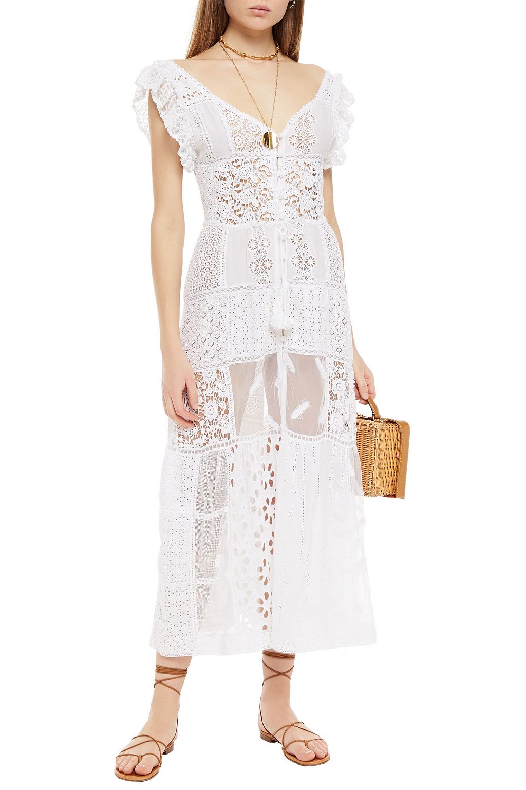 ANJUNA Paneled broderie anglaise cotton and guipure lace midi dress