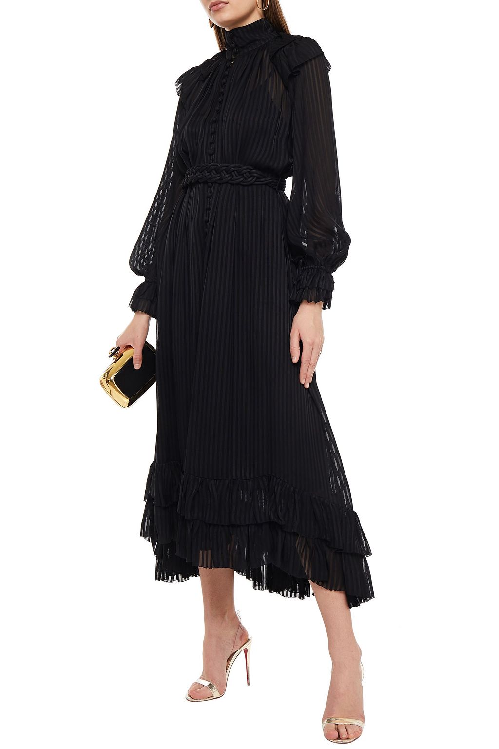 ZIMMERMANN Belted tiered striped jacquard midi dress