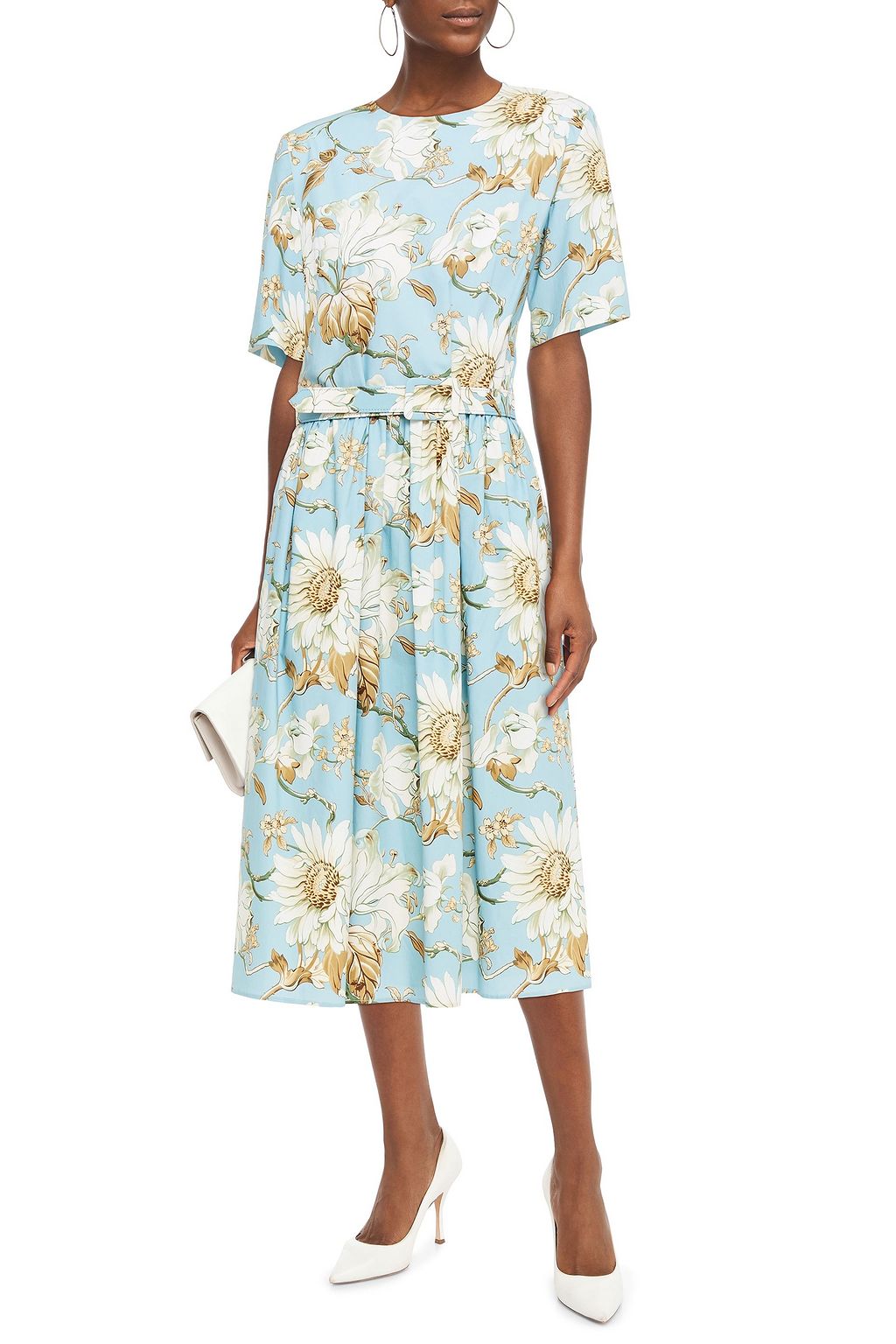 OSCAR DE LA RENTA Belted floral-print stretch-cotton poplin midi dress