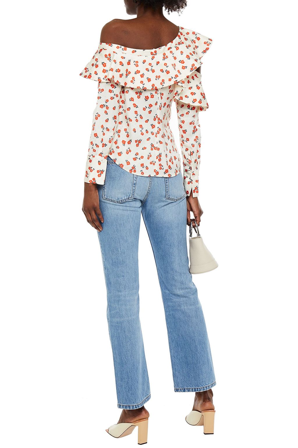 SELF-PORTRAIT One-shoulder ruffled floral-print satin-jacquard top