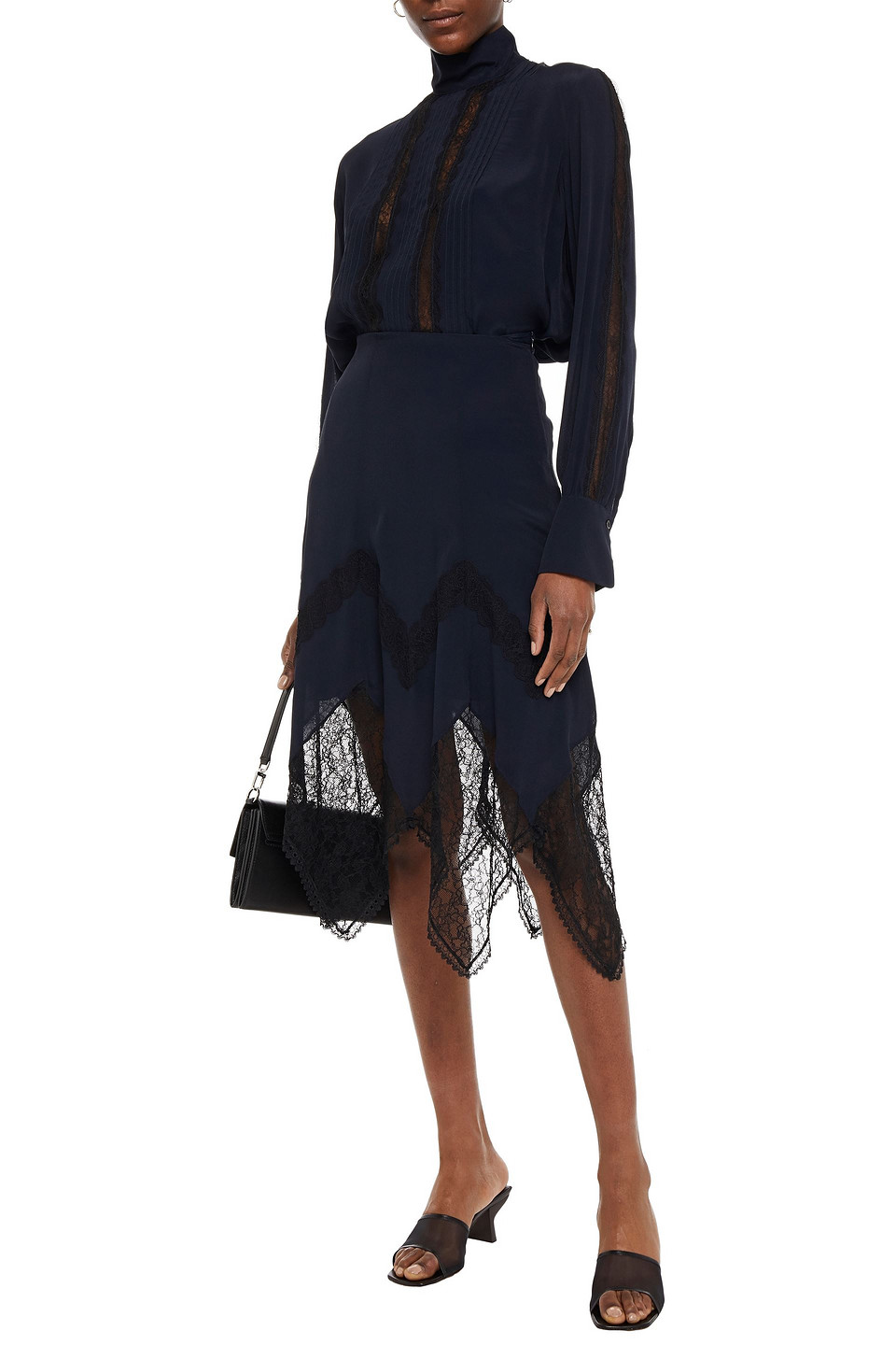 See By Chloé Lace-trimmed Crepe De Chine Blouse In Midnight Blue