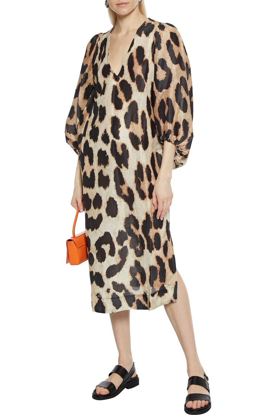 ganni leopard silk linen dress Ganni Silk Linen Leopard Print Midi Dress