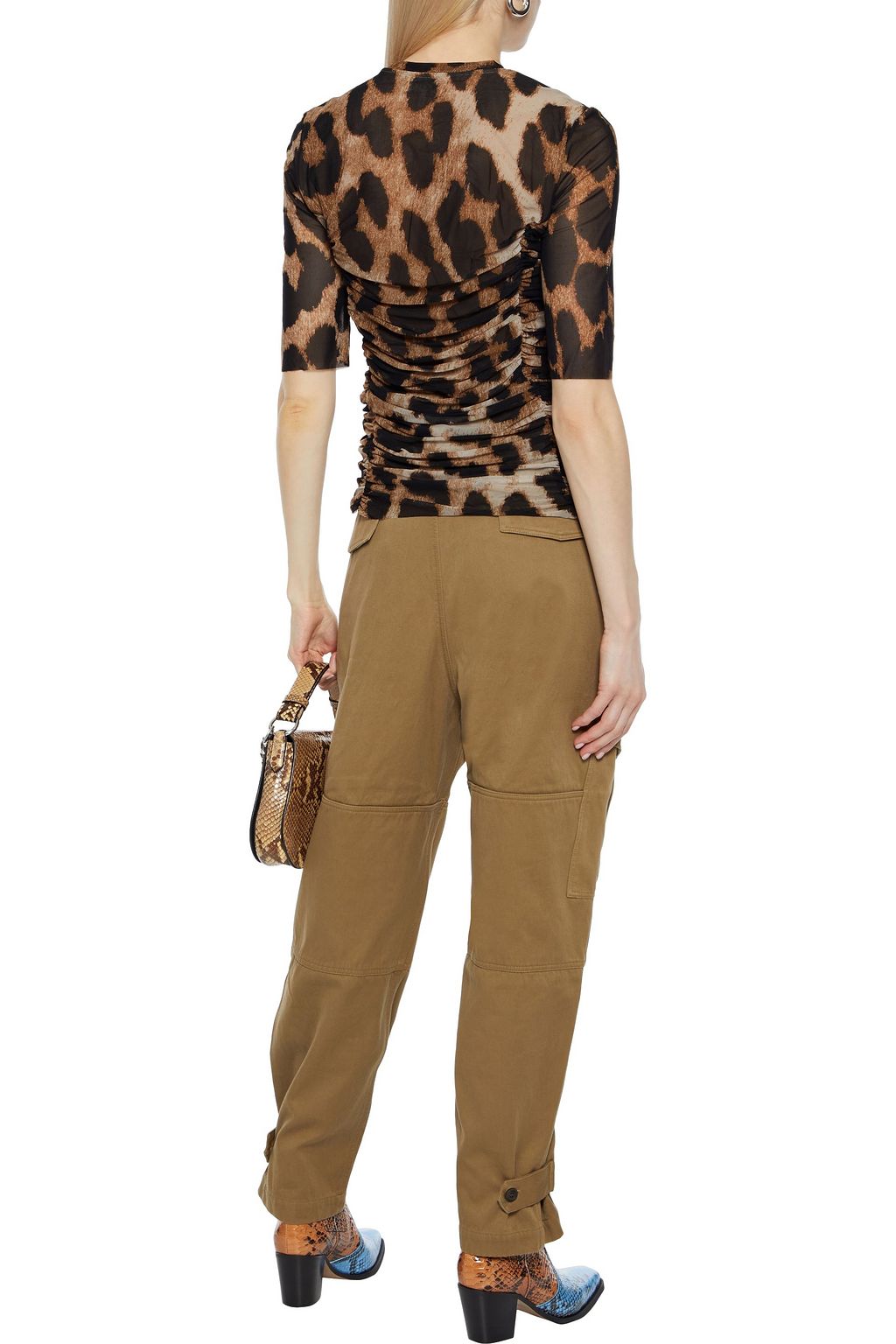 GANNI Ruched leopard-print stretch-mesh top