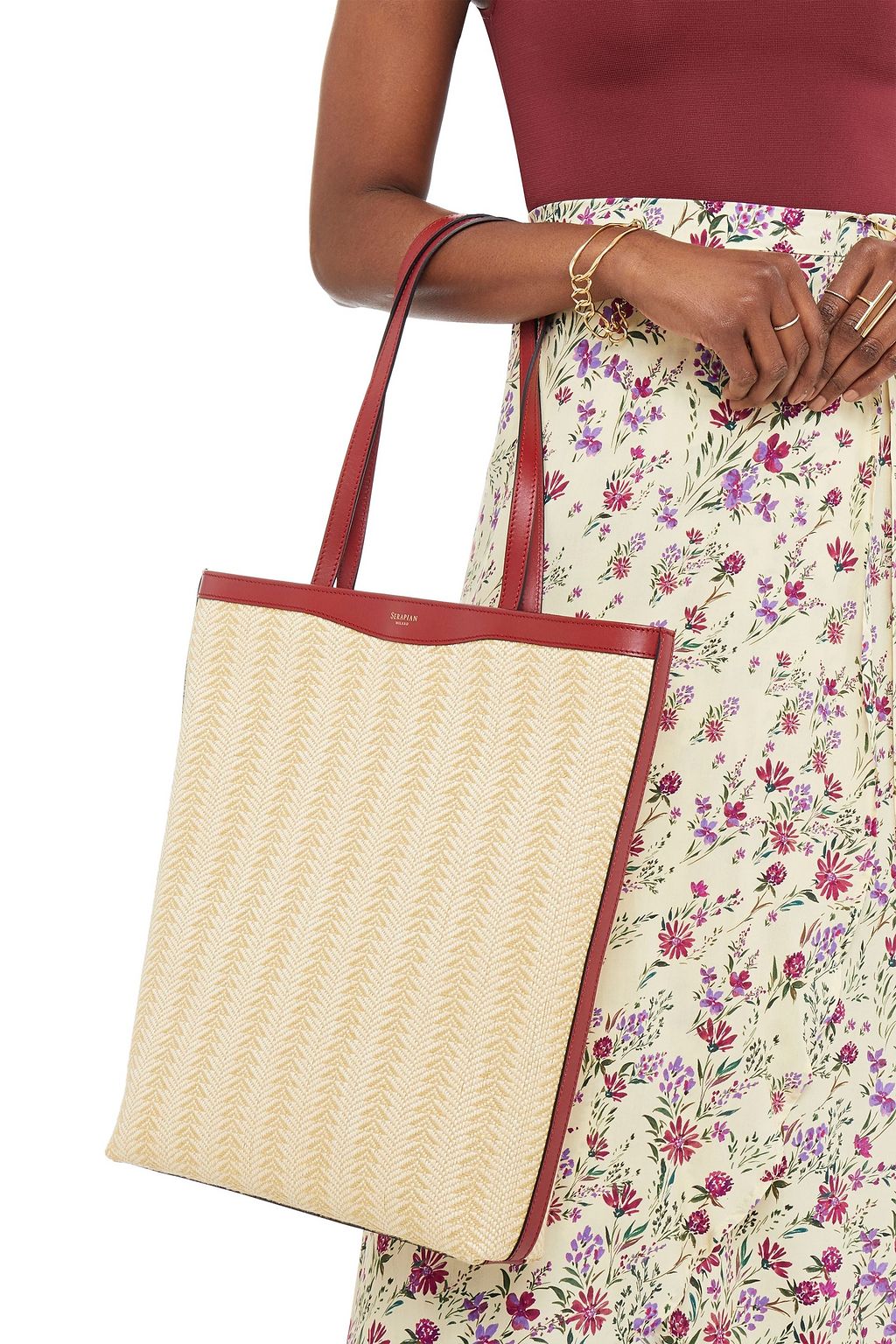 SERAPIAN Leather-trimmed raffia tote