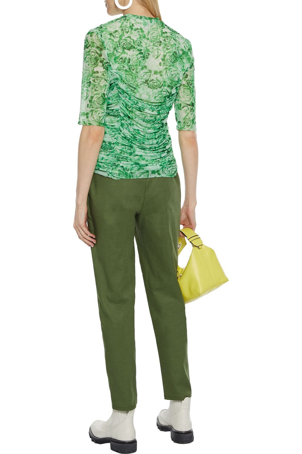 GANNI Ruched leopard-print stretch-mesh top
