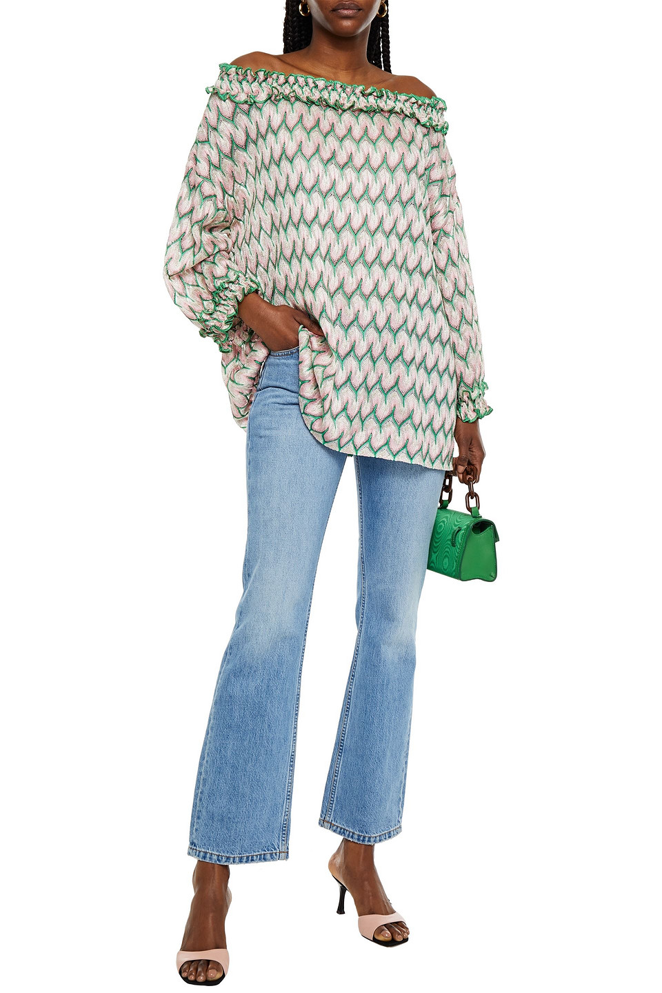 Missoni Off-the-shoulder Metallic Crochet-knit Top In Baby Pink