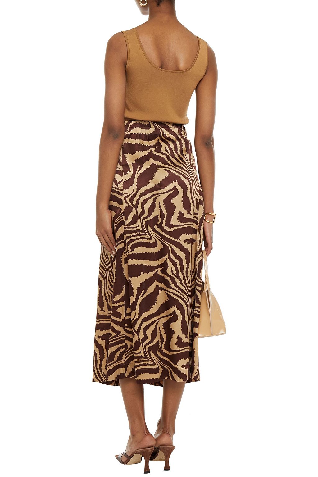 GANNI Knotted tiger-print stretch-silk satin midi skirt