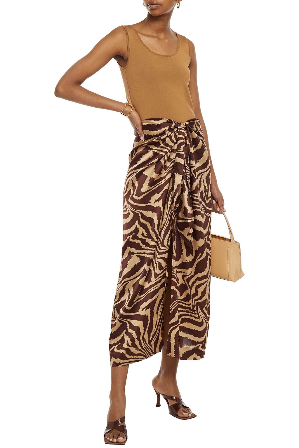 GANNI Knotted tiger-print stretch-silk satin midi skirt