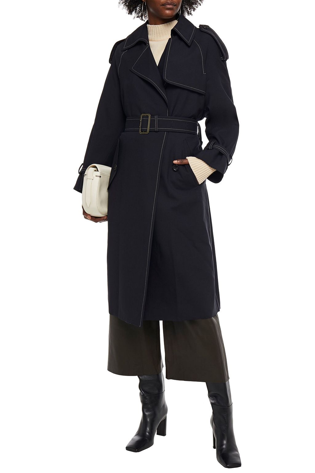MARNI Trenchcoat aus Woll-Twill mit Lederbesatz und Gürtel