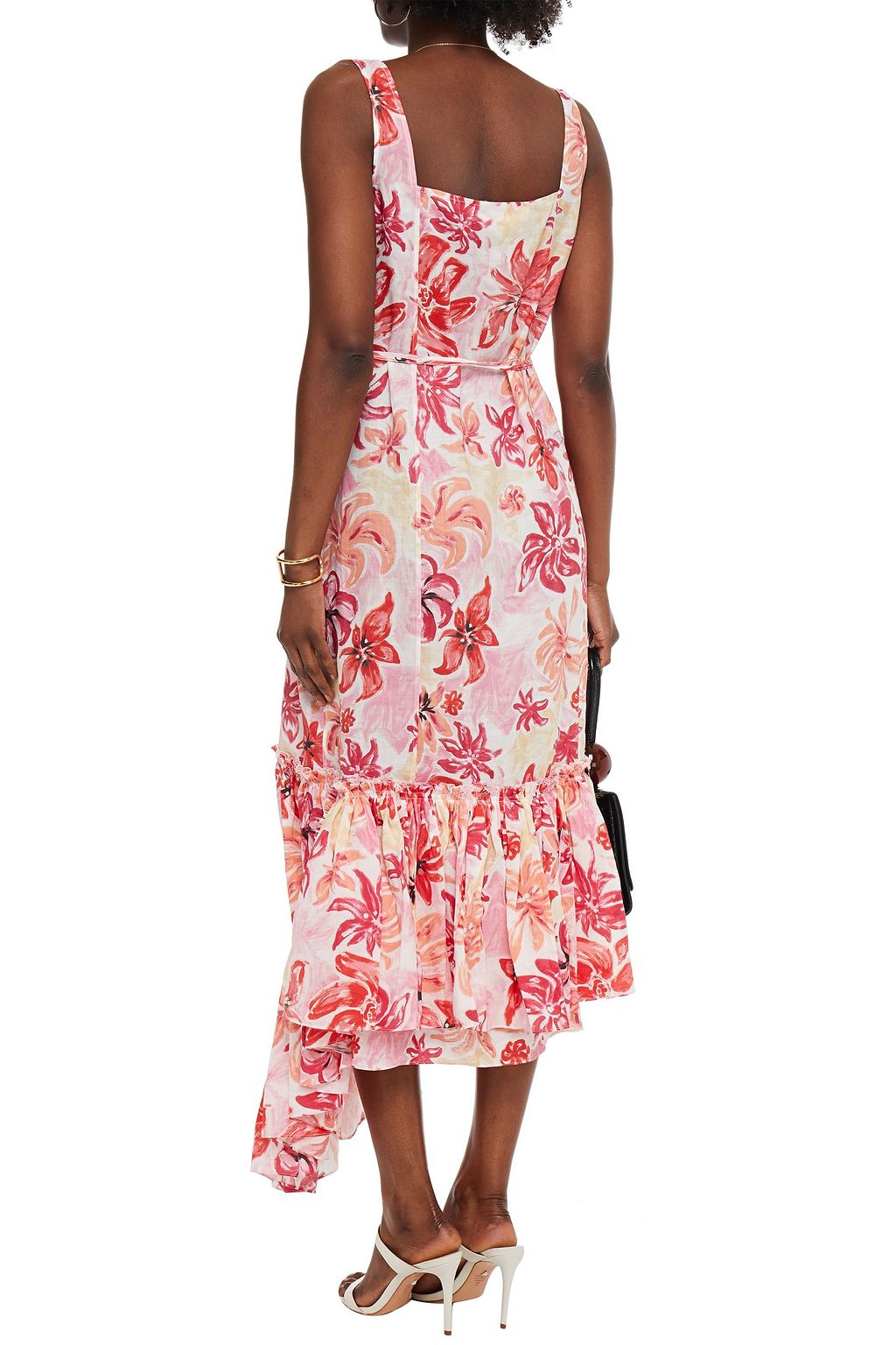 MARNI Asymmetric ruffled floral-print ramie midi dress