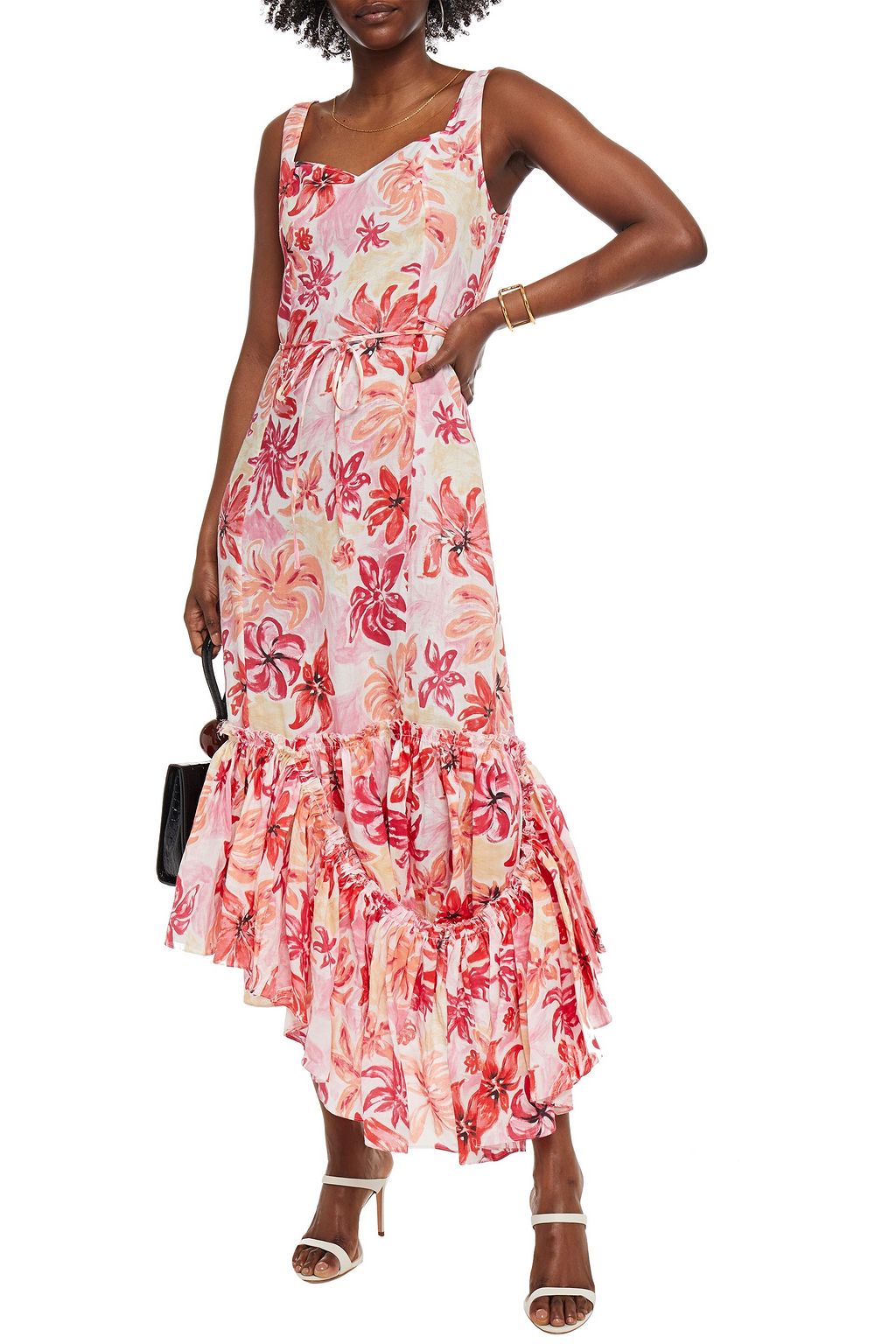 MARNI Asymmetric ruffled floral-print ramie midi dress