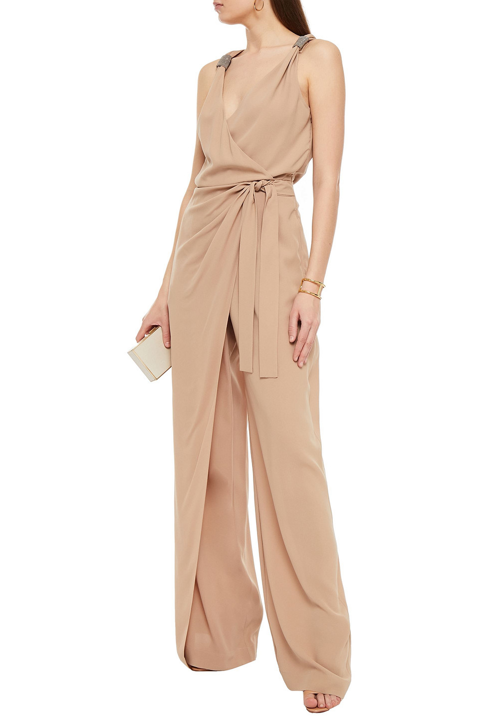 Brunello Cucinelli Wrap-effect Bead-embellished Silk Crepe Jumpsuit In Sand