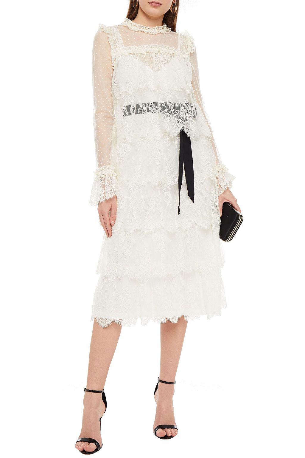 ZIMMERMANN Tiered flocked tulle-paneled cotton-blend Chantilly lace midi dress