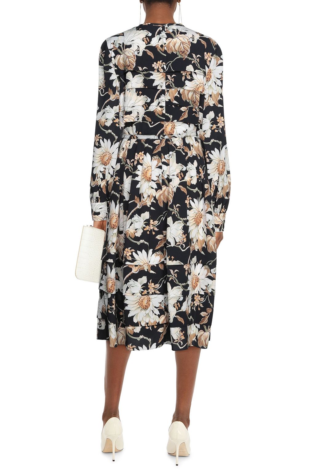OSCAR DE LA RENTA Belted pleated floral-print crepe midi dress