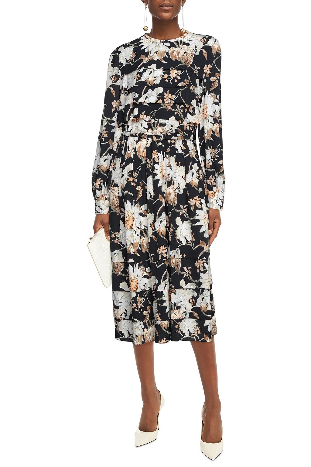 OSCAR DE LA RENTA Belted pleated floral-print crepe midi dress