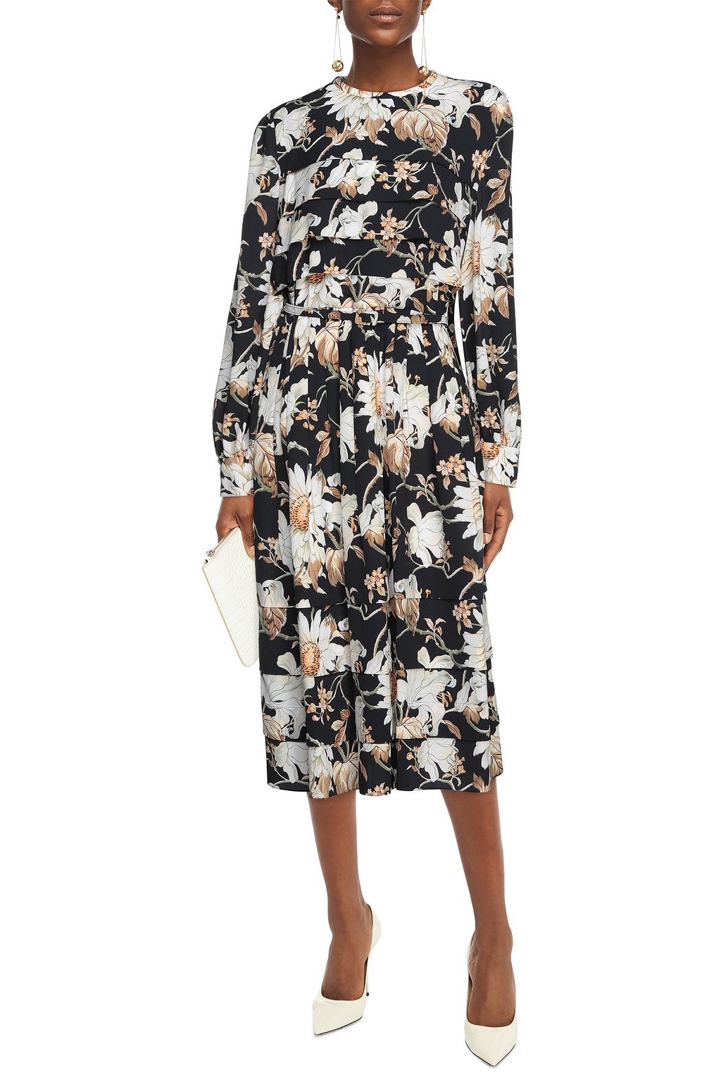 OSCAR DE LA RENTA Belted pleated floral-print crepe midi dress | Sale ...