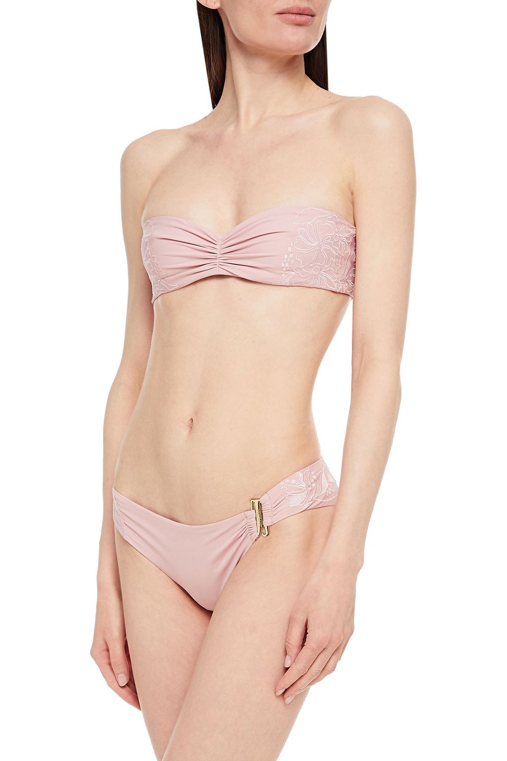 LA PERLA Ruched embroidered bandeau bikini top
