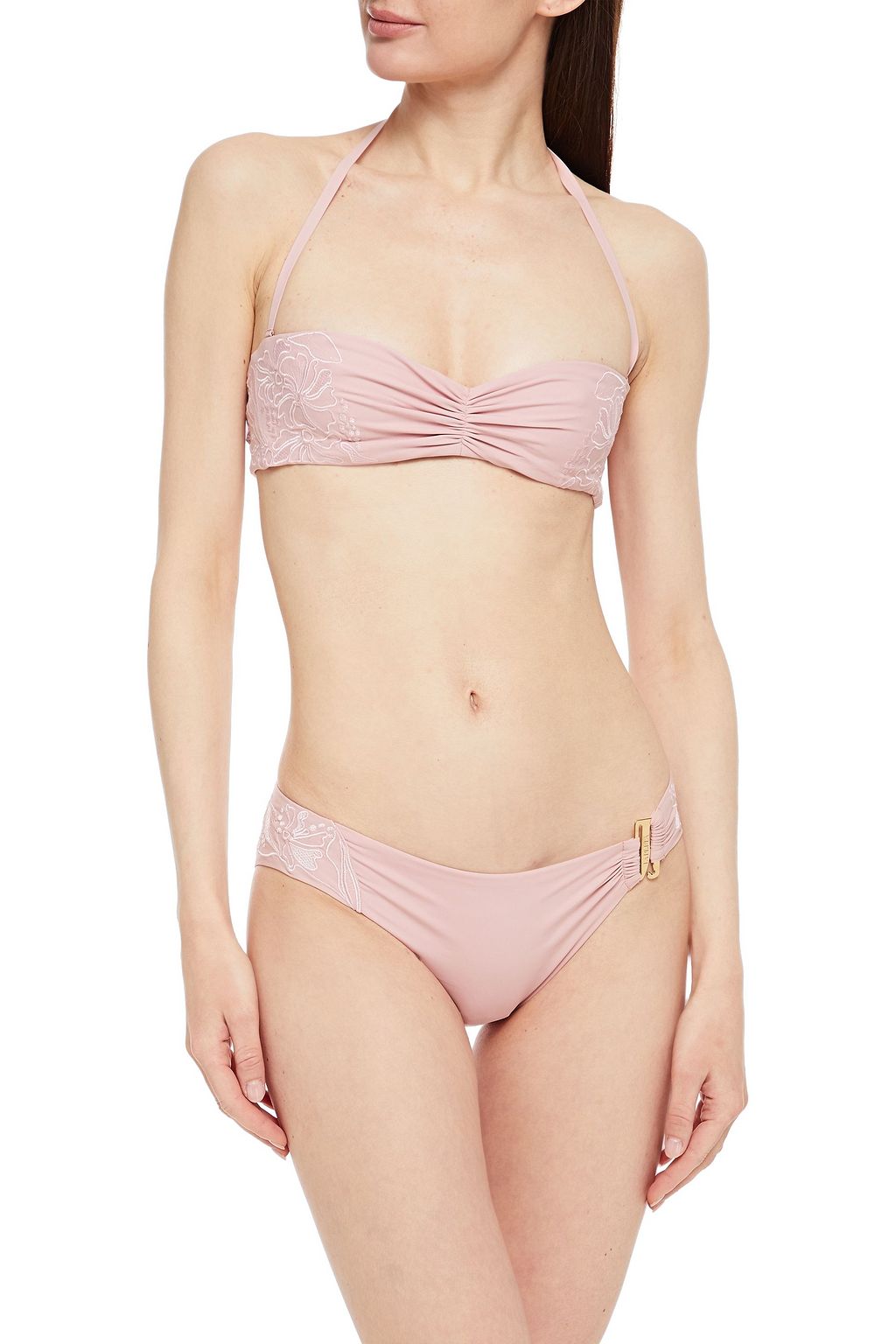 LA PERLA Ruched embroidered bandeau bikini top